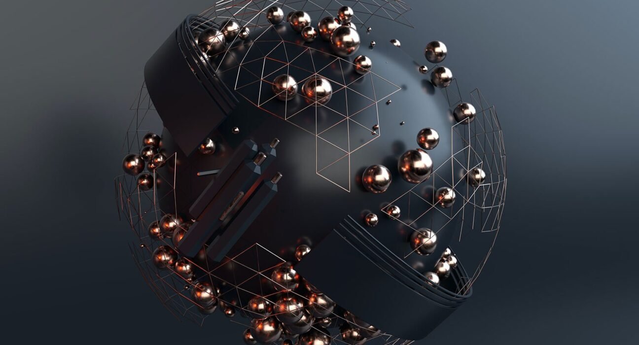 Abstract metallic globe composed of a grid lattice and shiny copper spheres, floating in a dark gradient background.
