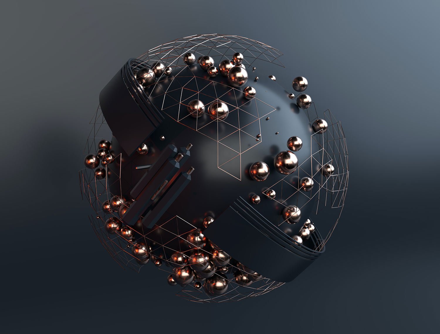 Abstract metallic globe composed of a grid lattice and shiny copper spheres, floating in a dark gradient background.