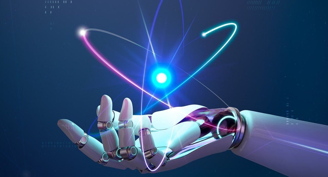 Futuristic robotic hand grasping a glowing blue orb with neon orbital lines around it, symbolizing AI and advanced technology.