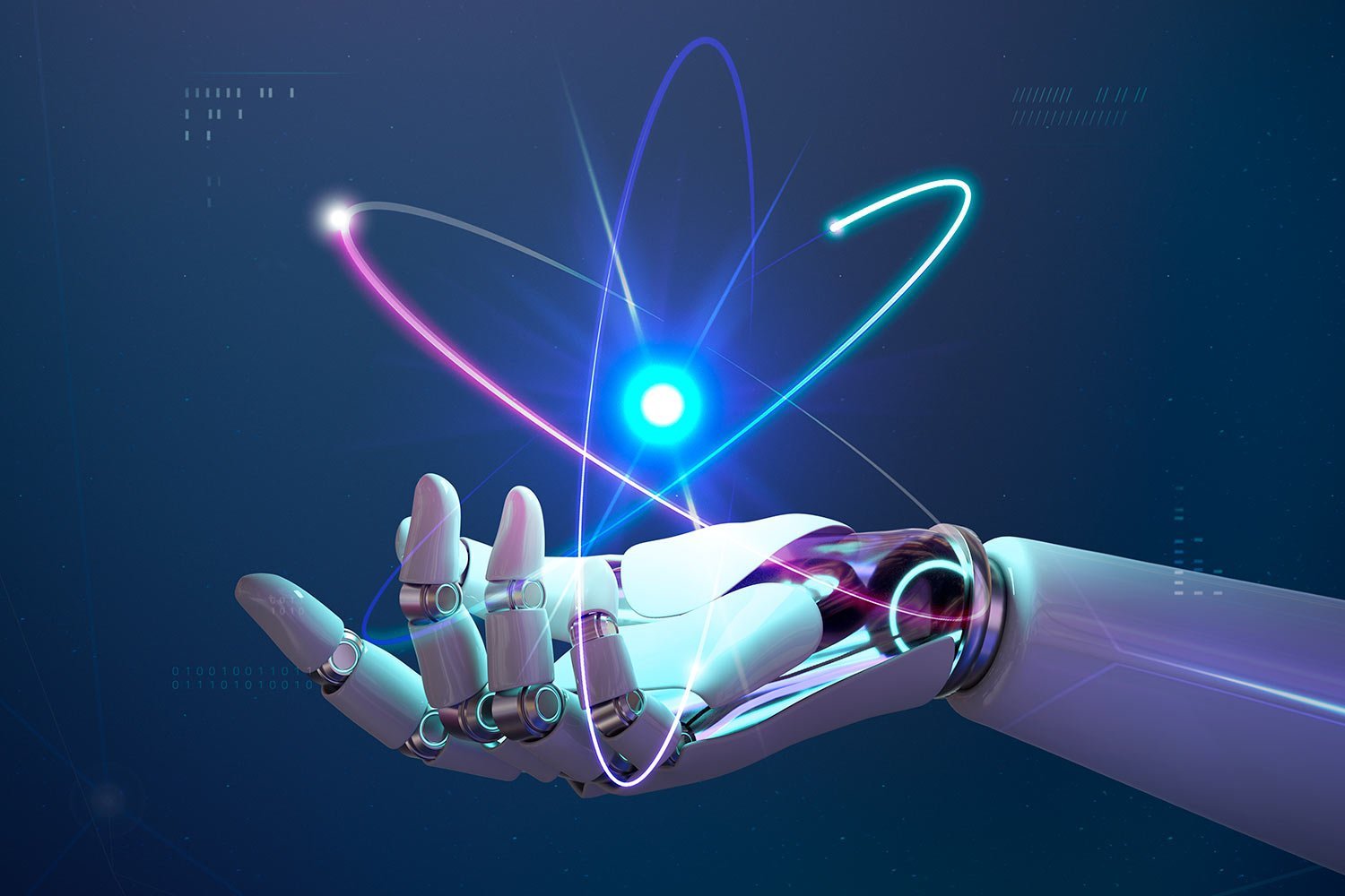 Futuristic robotic hand grasping a glowing blue orb with neon orbital lines around it, symbolizing AI and advanced technology.