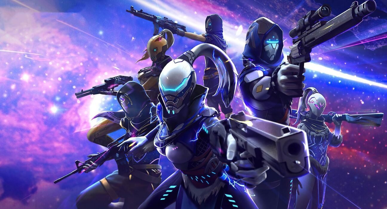 Futuristic armored team charging forward with rifles against a purple cosmic backdrop.