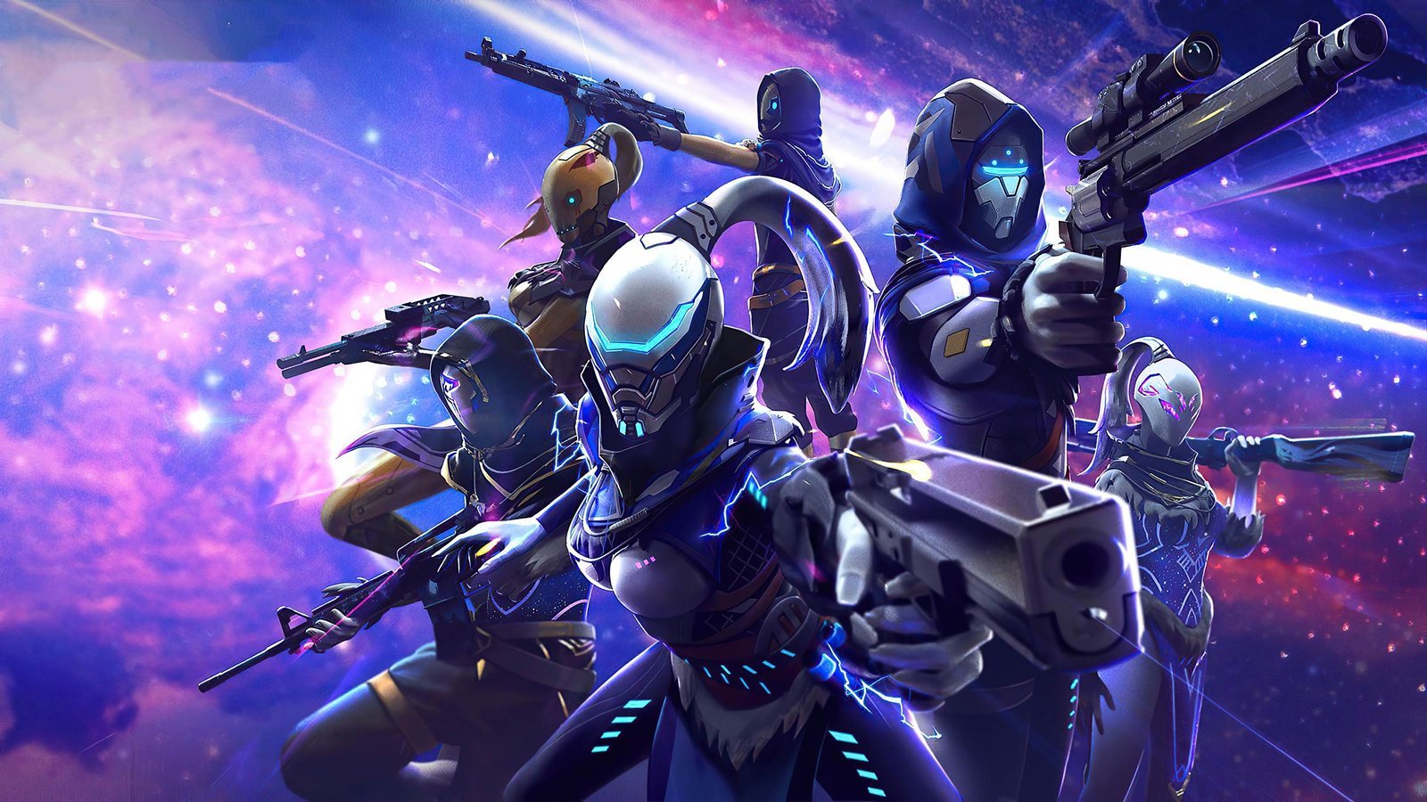 Futuristic armored team charging forward with rifles against a purple cosmic backdrop.