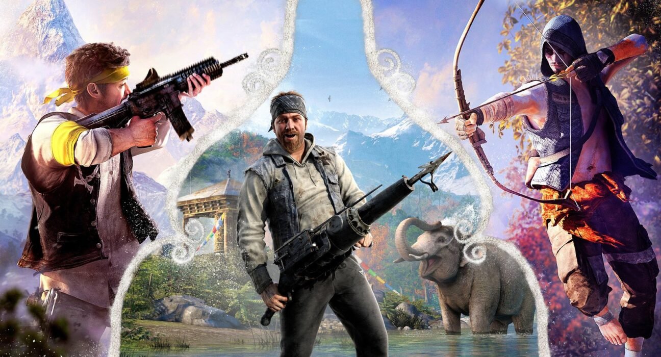 find more africa #findmoreafrica › Three action heroes stand ready in a bright fantasy world: a left gunner aiming, a center soldier with a rocket launcher, and a right archer drawing a bow, with an elephant nearby in a river valley.