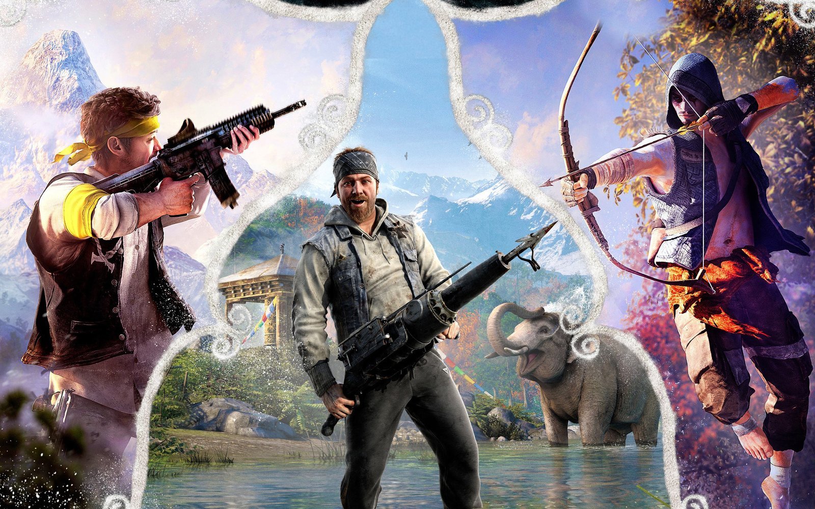 Three action heroes stand ready in a bright fantasy world: a left gunner aiming, a center soldier with a rocket launcher, and a right archer drawing a bow, with an elephant nearby in a river valley.