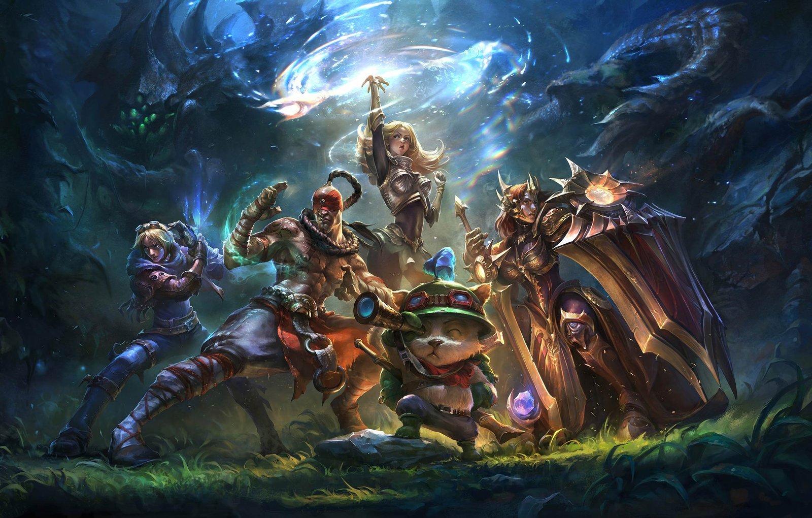 Fantasy adventurers stand in a glowing cavern, led by a blonde armored woman casting magic above them.