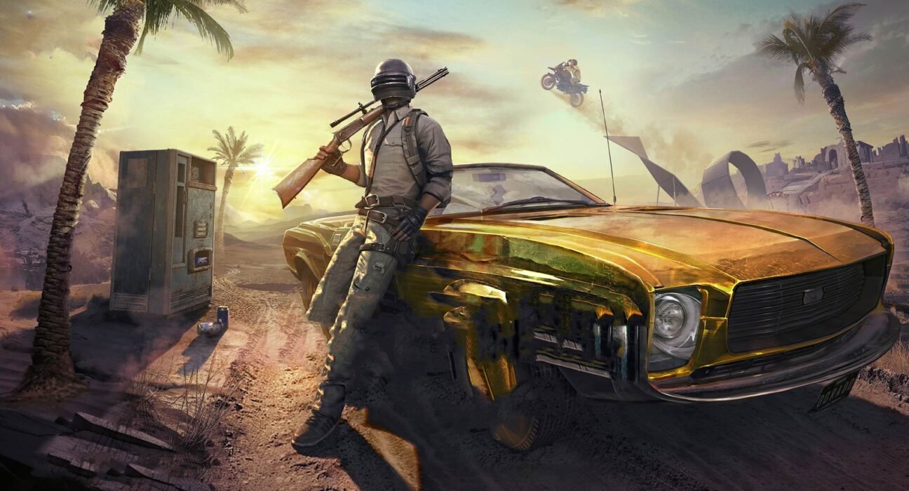 Survivor leaning on a gold vintage car with a rifle in a desert wasteland; a motorcycle jumps in the background.