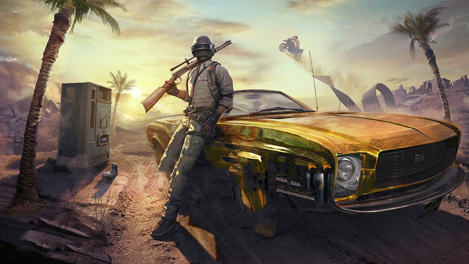 Survivor leaning on a gold vintage car with a rifle in a desert wasteland; a motorcycle jumps in the background.