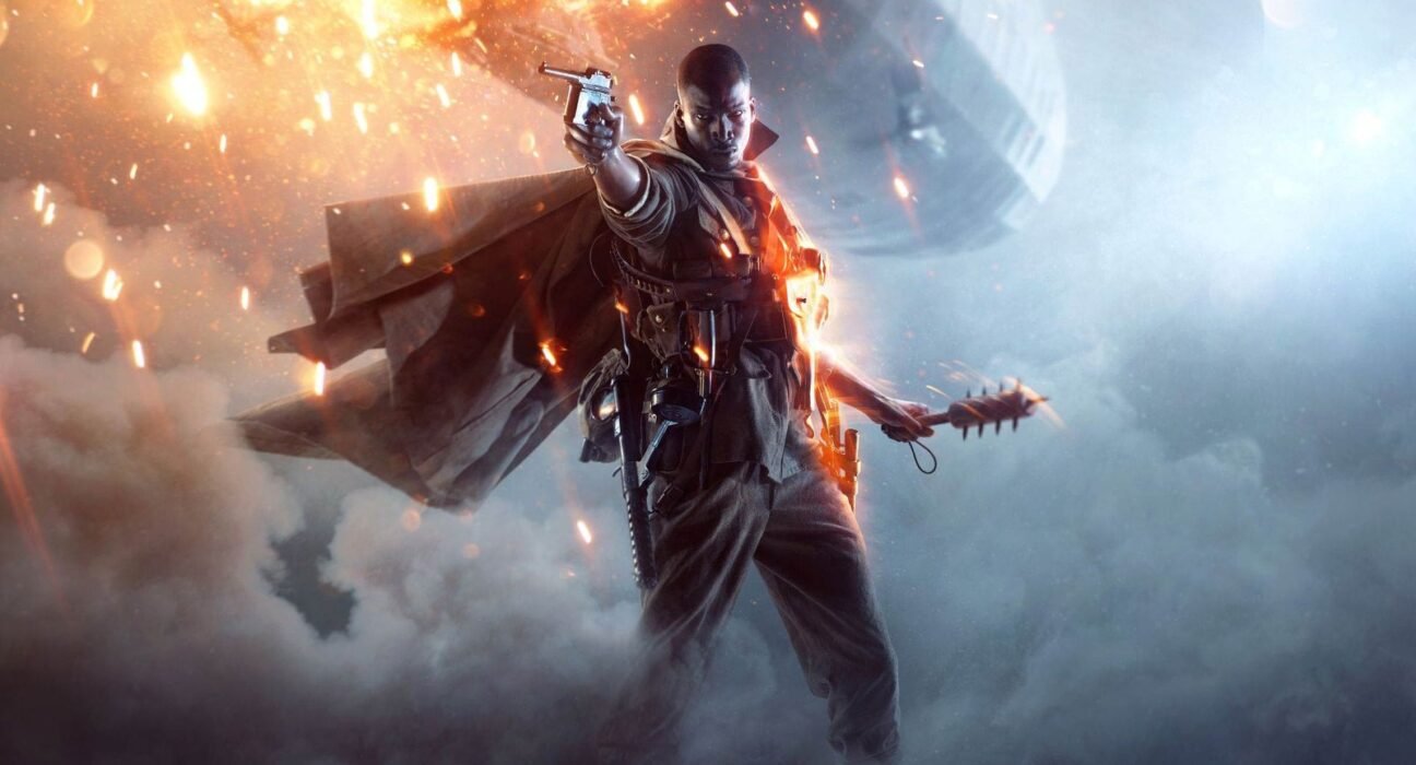 find more africa #findmoreafrica › Armored soldier with a cape fires a pistol amid orange sparks and blue smoke in a smoky battle scene.