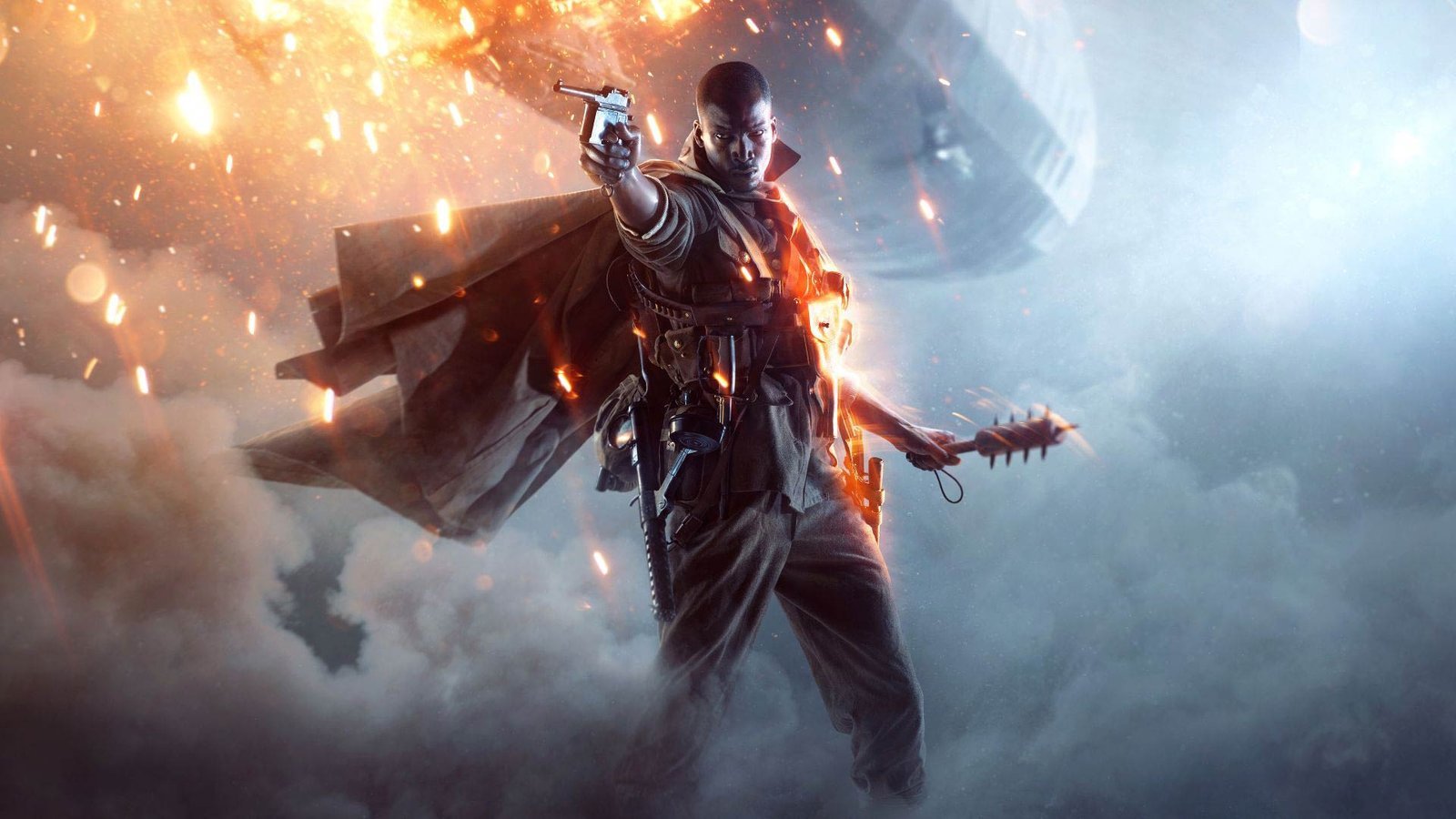 Armored soldier with a cape fires a pistol amid orange sparks and blue smoke in a smoky battle scene.