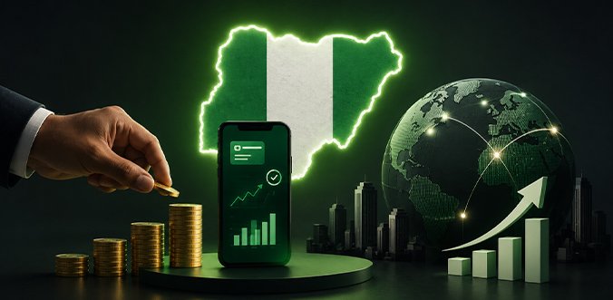 Nigeria fintech scene: a glowing map outline, a smartphone showing charts, stacked coins, and a rising global growth graph.