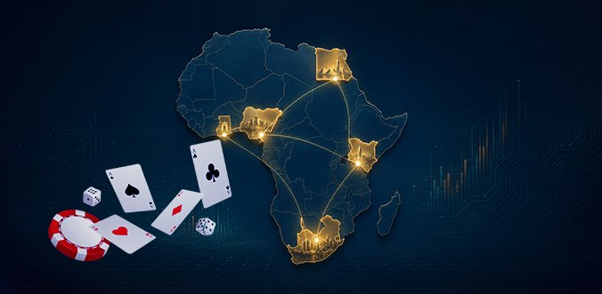 find more africa #findmoreafrica › Stylized Africa map with glowing casino hubs connected by lines; foreground shows cards, dice, and poker chips.