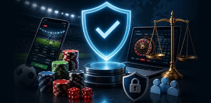 Online gambling security concept showing a shield with a check, scales, and betting devices with chips and dice.