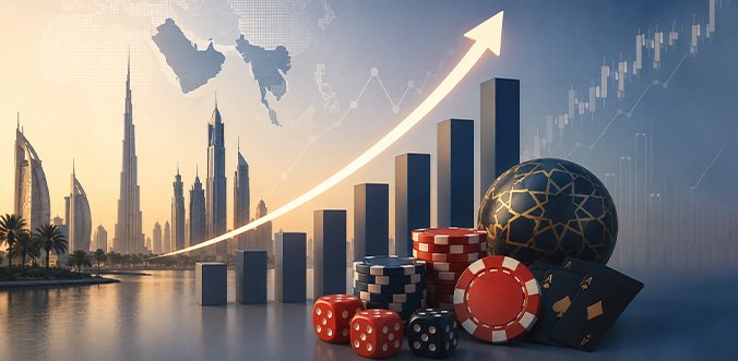 Global financial growth concept with rising arrow, bar chart, and casino chips and dice in foreground against a city skyline