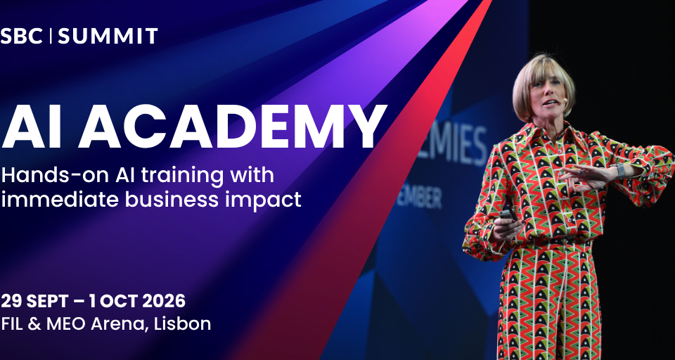 Banner for SBC Summit AI Academy: Hands-on AI training with business impact, speaker on stage at Lisbon event venue.