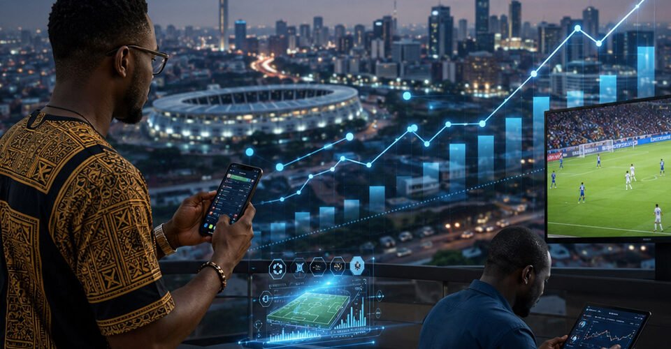 Two men review live sports analytics on screens and a smartphone against a city skyline and stadium backdrop.
