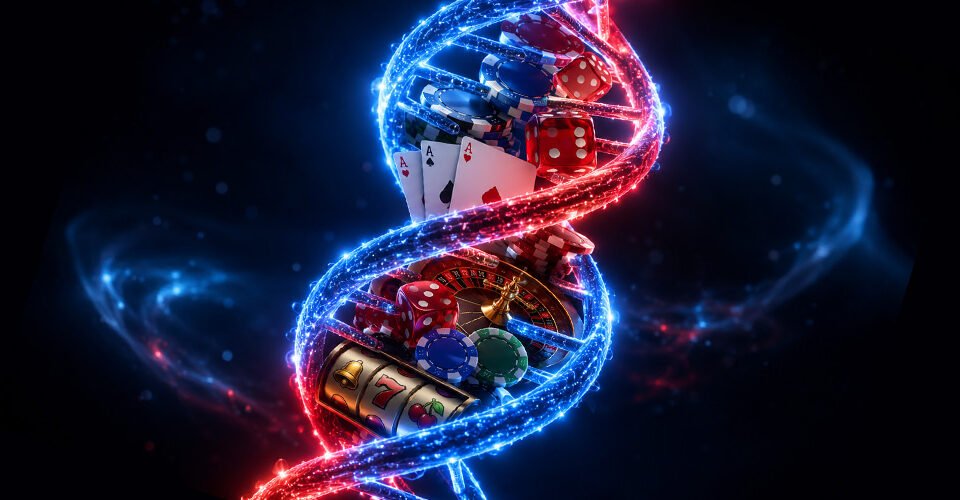 Abstract DNA-like helix spiraling with casino elements (cards, dice, roulette wheel, chips) suggesting gambling or luck technology theme.
