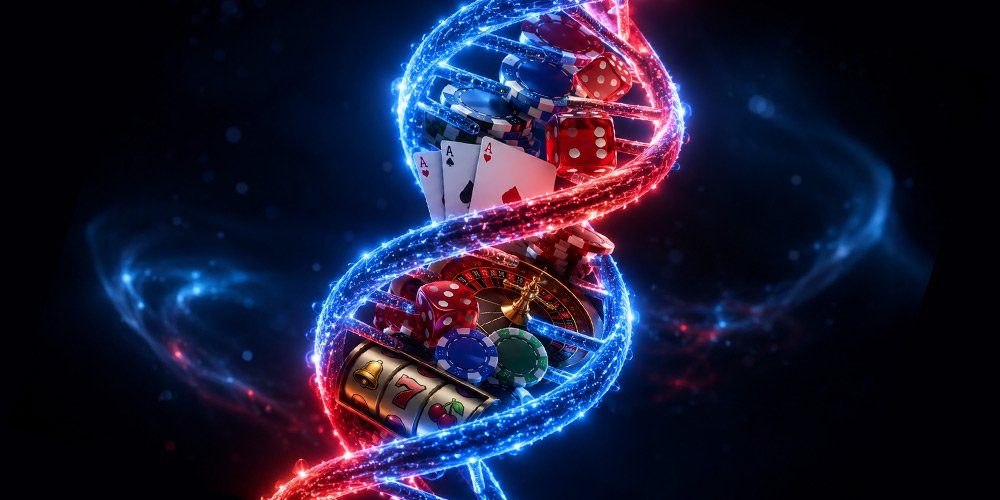 Abstract DNA-like helix spiraling with casino elements (cards, dice, roulette wheel, chips) suggesting gambling or luck technology theme.