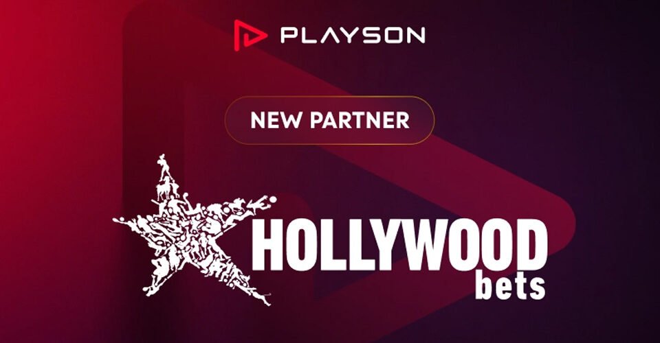 Banner announcing PlaysOn's new partner, Hollywood Bets, with a white star graphic and bold logo on a red-to-purple gradient background.