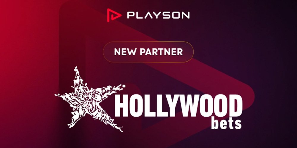 Banner announcing PlaysOn's new partner, Hollywood Bets, with a white star graphic and bold logo on a red-to-purple gradient background.