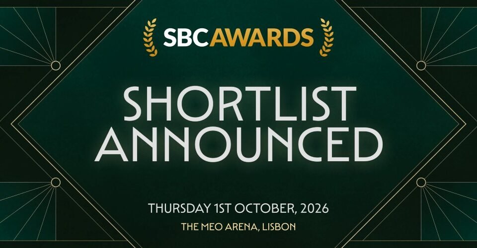 Green art-deco banner announcing SBC Awards shortlist: ‘Thursday 1 October 2026’ at The MEO Arena, Lisbon.