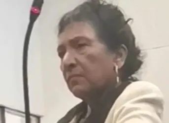 find more africa #findmoreafrica › Older woman with dark hair in a light blazer speaking into a microphone at a podium during a public event.