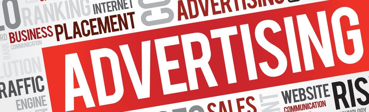 Bold red diagonal banner reading 'ADVERTISING' with surrounding faint business terms like marketing, sales, website, media, and branding.