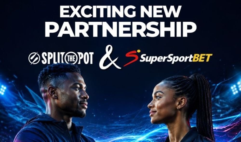 Announcement of a new partnership between Split Pot and SuperSportBET, featuring two athletes facing each other on a blue-lit background with logos above them.