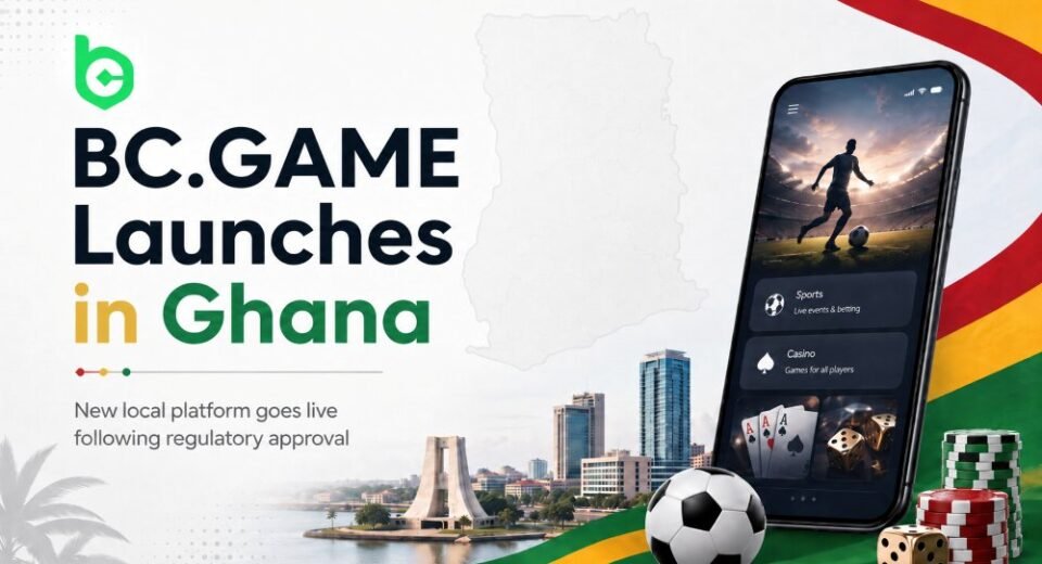 Promotional banner: BC.GAME launches in Ghana, featuring a smartphone betting app, a Ghana map outline, and a city skyline with soccer imagery.