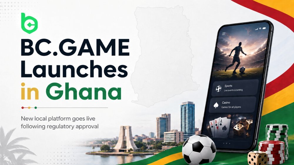 Promotional banner: BC.GAME launches in Ghana, featuring a smartphone betting app, a Ghana map outline, and a city skyline with soccer imagery.