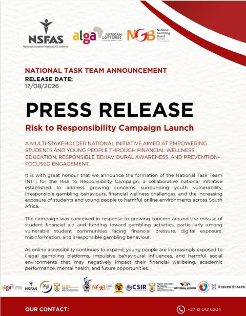 National Task Team press release header with multiple logos and bold title: PRESS RELEASE and subheading Risk to Responsibility Campaign Launch, describing a multi-stakeholder initiative to empower students with financial wellness education.