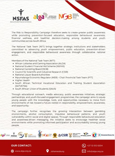 Official campaign poster for the Risk to Responsibility Campaign, showing partner logos at the top (NSFAS, ALGA, African Lotteries, National Gambling Board) and a long block of explanatory text about objectives, member organizations, and contact information at the bottom.