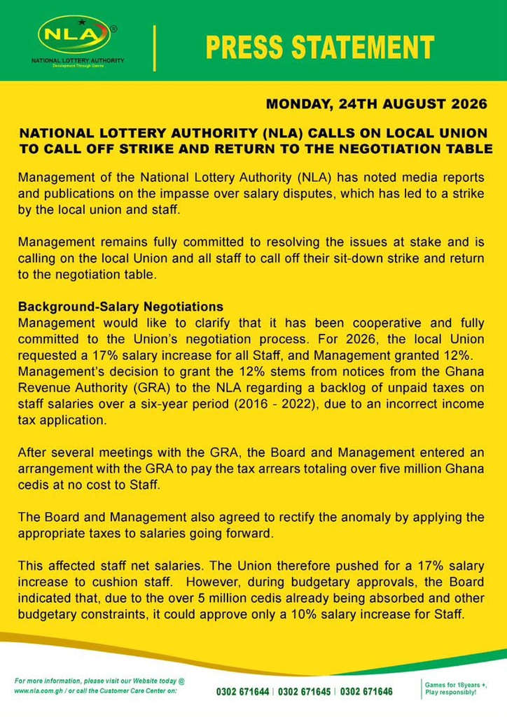 Press statement by the National Lottery Authority (NLA) dated Monday, 24 August 2026, about calling off the strike and returning to negotiation table with salary talks mentioned in the text.