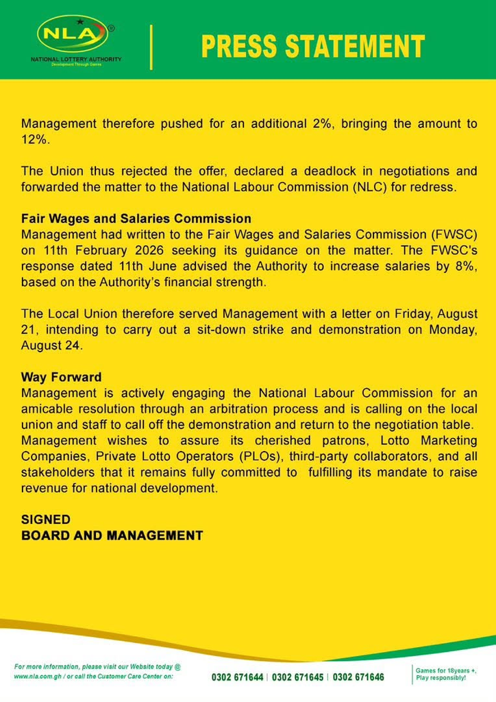 Press statement from the National Lottery Authority on a yellow page with a green header, discussing wage negotiations and union actions.