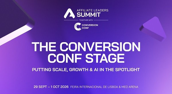 Promotional banner for The Conversion Conf Stage at the Affiliate Leaders Summit, with a purple gradient background and event dates visible at the bottom of the design.