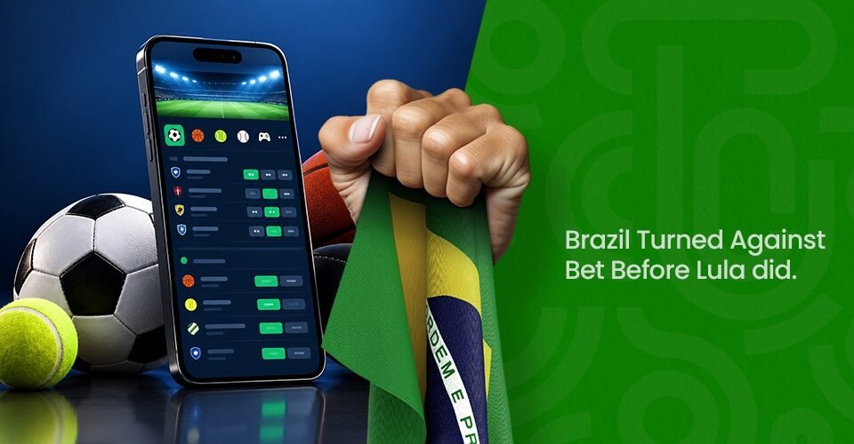 Brazil Turned Against Bets Before Lula Did Hand holding a Brazilian flag next to a smartphone displaying a sports betting app, with a green ad panel on the right.