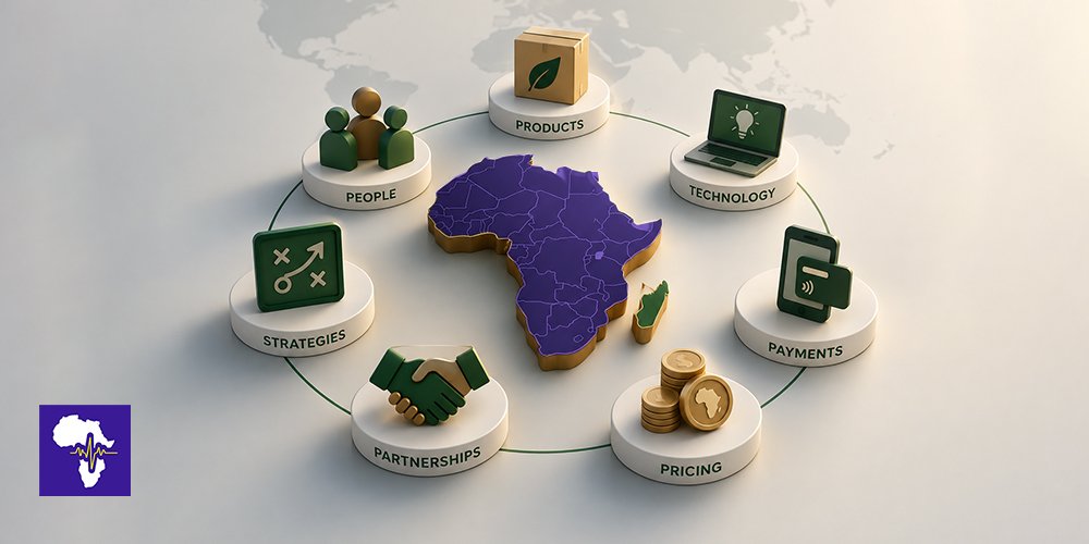 Isometric diagram of Africa surrounded by seven round platforms labeled People, Strategies, Partnerships, Pricing, Payments, Technology, Products forming a connected circular network.