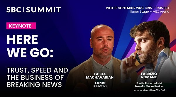SBC Summit keynote banner: Here We Go—Trust, Speed and the Business of Breaking News, with Lasha Machavariani and Fabrizio Romano.