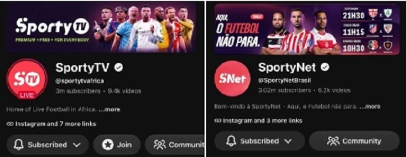 Profiles of two sports streaming brands: left shows SportyTV Africa with banner and profile actions (Subscribed, Join); right shows SportyNet Brazil with banner and profile actions (Subscribed, Community).