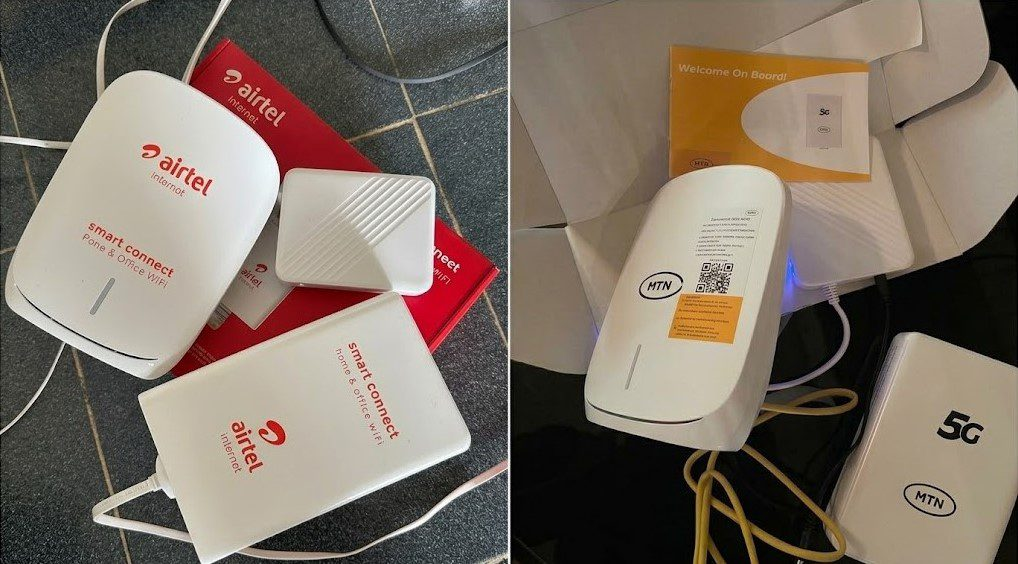 collage of Airtel Internet smart connect WiFi devices and a small white square extender on a tiled floor