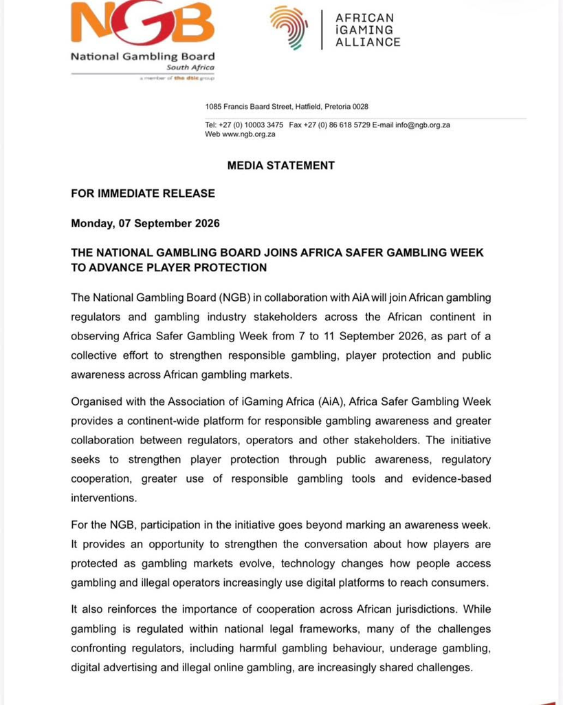 Header showing two logos (National Gambling Board SA and African iGaming Alliance) with a media statement page beneath, including contact lines and the title'MEDIA STATEMENT' and 'FOR IMMEDIATE RELEASE'. The document announces the National Gambling Board's participation in Africa Safer Gambling Week and summarizes collaboration with AiA for responsible gambling awareness across Africa.