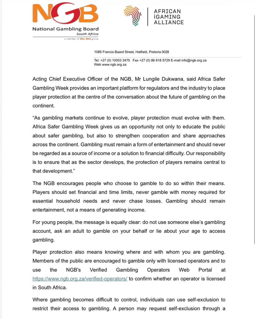 Letterhead with NGB and African iGaming Alliance logos, address and contact details, followed by a policy-focused gambling statement.