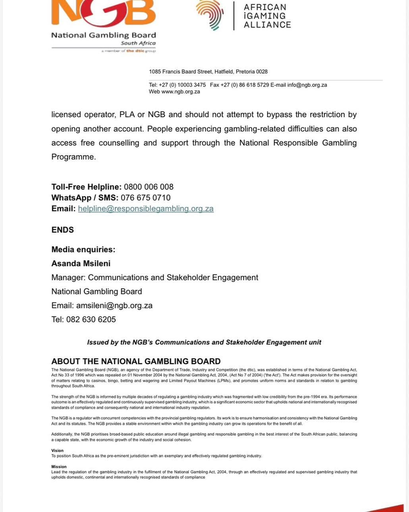 Letterhead with NGB and African iGaming Alliance logos, Pretoria address and contact lines at top; formal letter content begins below