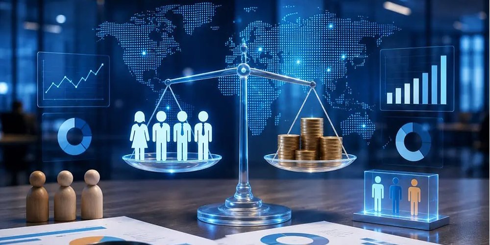 Holographic balance scale with silhouettes of people on the left and stacked coins on the right, over a world map background.