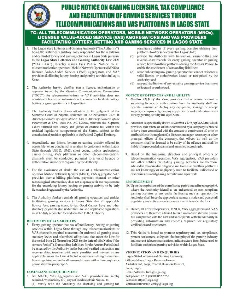 find more africa #findmoreafrica › Public notice poster about gaming licensing and tax compliance for Lagos State, featuring an official seal and a green header in multi-column text.