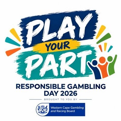 Logo for 'Play Your Part' Responsible Gambling Day 2026, with blue, teal, and yellow brush strokes, the words 'PLAY YOUR PART' and 'RESPONSIBLE GAMBLING DAY 2026', and colorful figures celebrating to the right; includes the Western Cape Gambling and Racing Board branding.