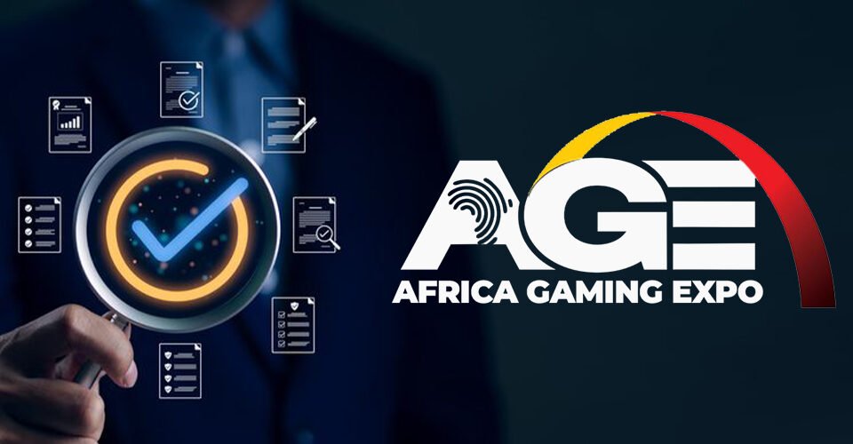 Magnifying glass with a glowing checkmark surrounded by floating documents beside the Africa Gaming Expo logo.