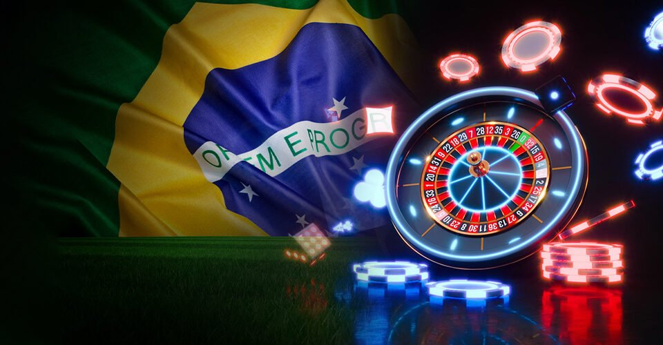 Brazilian flag backdrop with a glowing roulette wheel, neon chips, and casino lights in a dark setting.