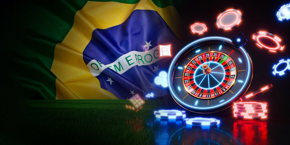 Brazilian flag backdrop with a glowing roulette wheel, neon chips, and casino lights in a dark setting.