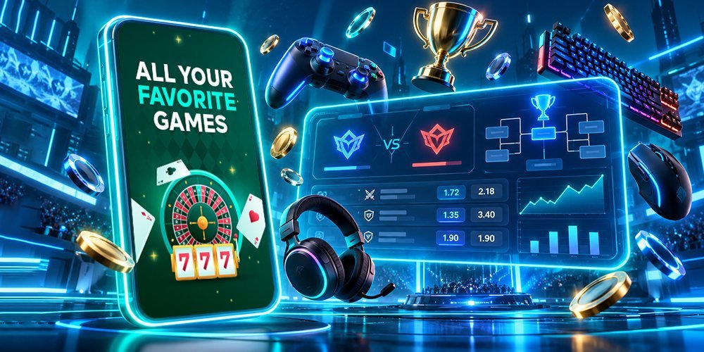 Neon Esports betting gaming scene with a smartphone showing 'All Your Favorite Games', roulette and slot symbols, with headset and holographic stats nearby.