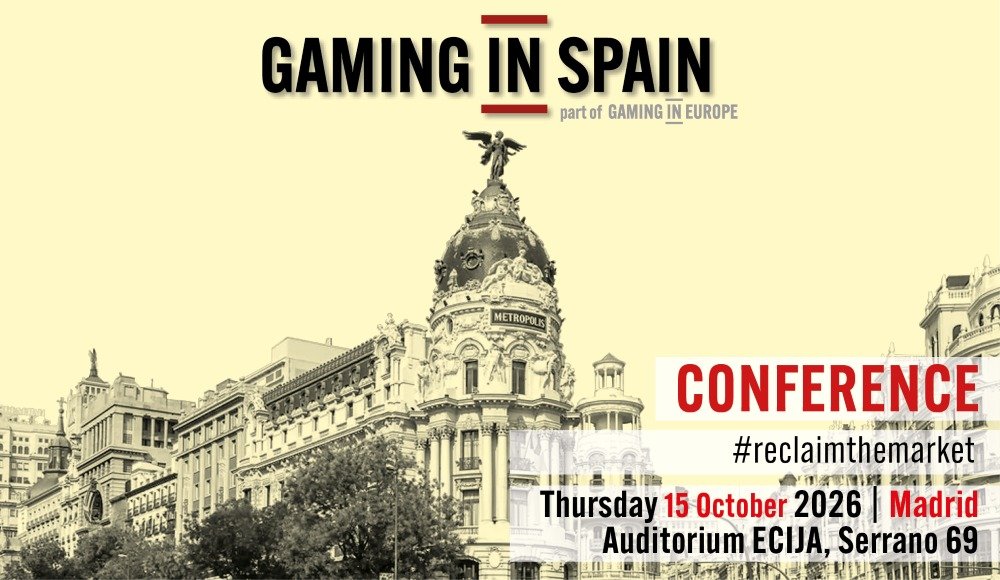 Poster for 'Gaming in Spain' conference in Madrid on 15 October 2026 at Auditorium ECJA, Serrano 69; includes hashtag #reclaimthemarket.